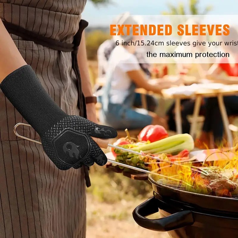 Black BBQ oven mitt with flame emblem, extended cuff, and textured silicone palm
