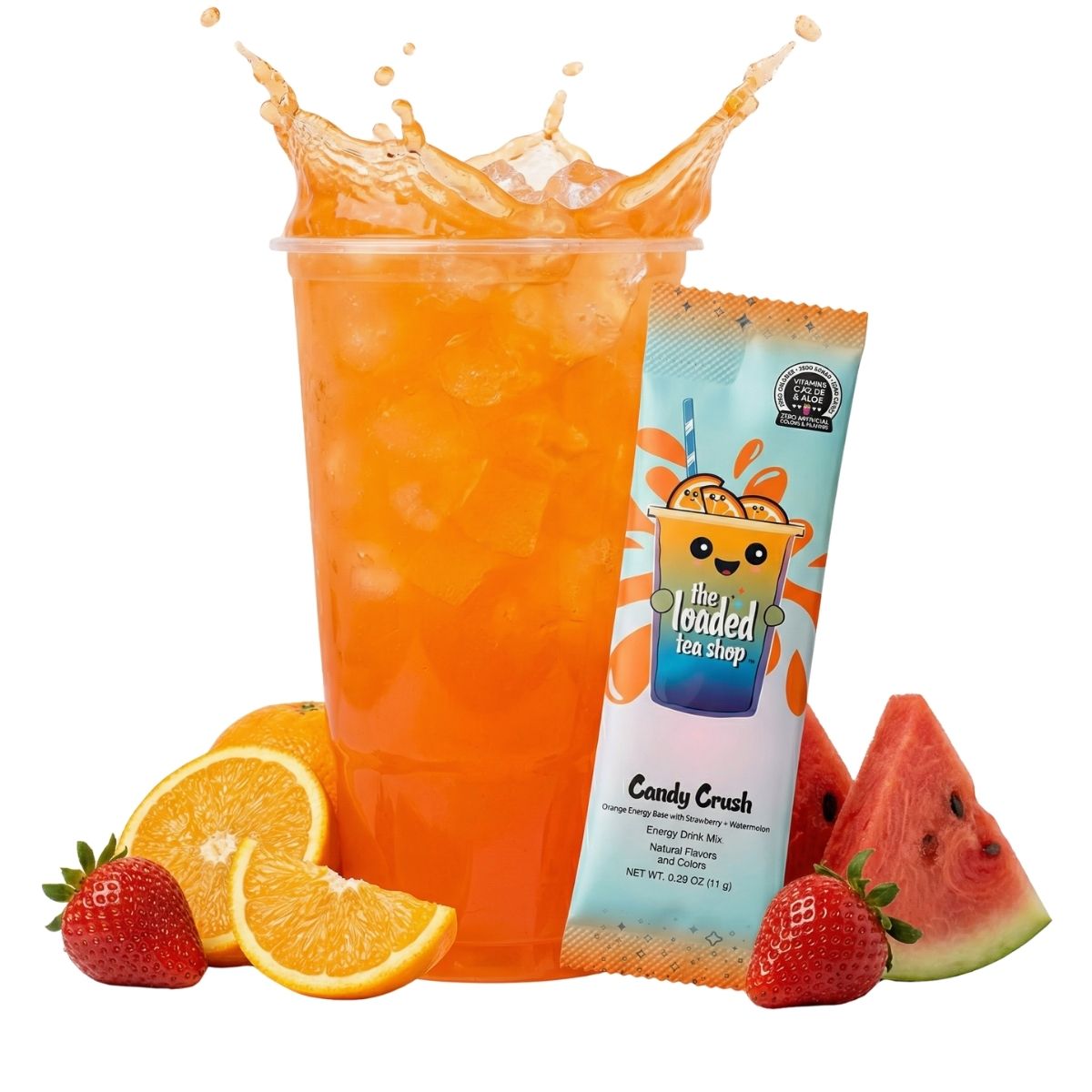 Orange iced tea in clear cup with splash, strawberry-watermelon tea stick packet beside it