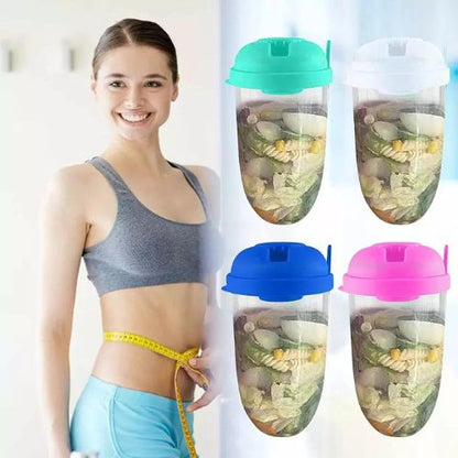 Set of salad shaker cups with dressing containers and built-in forks in teal, white, blue, pink.