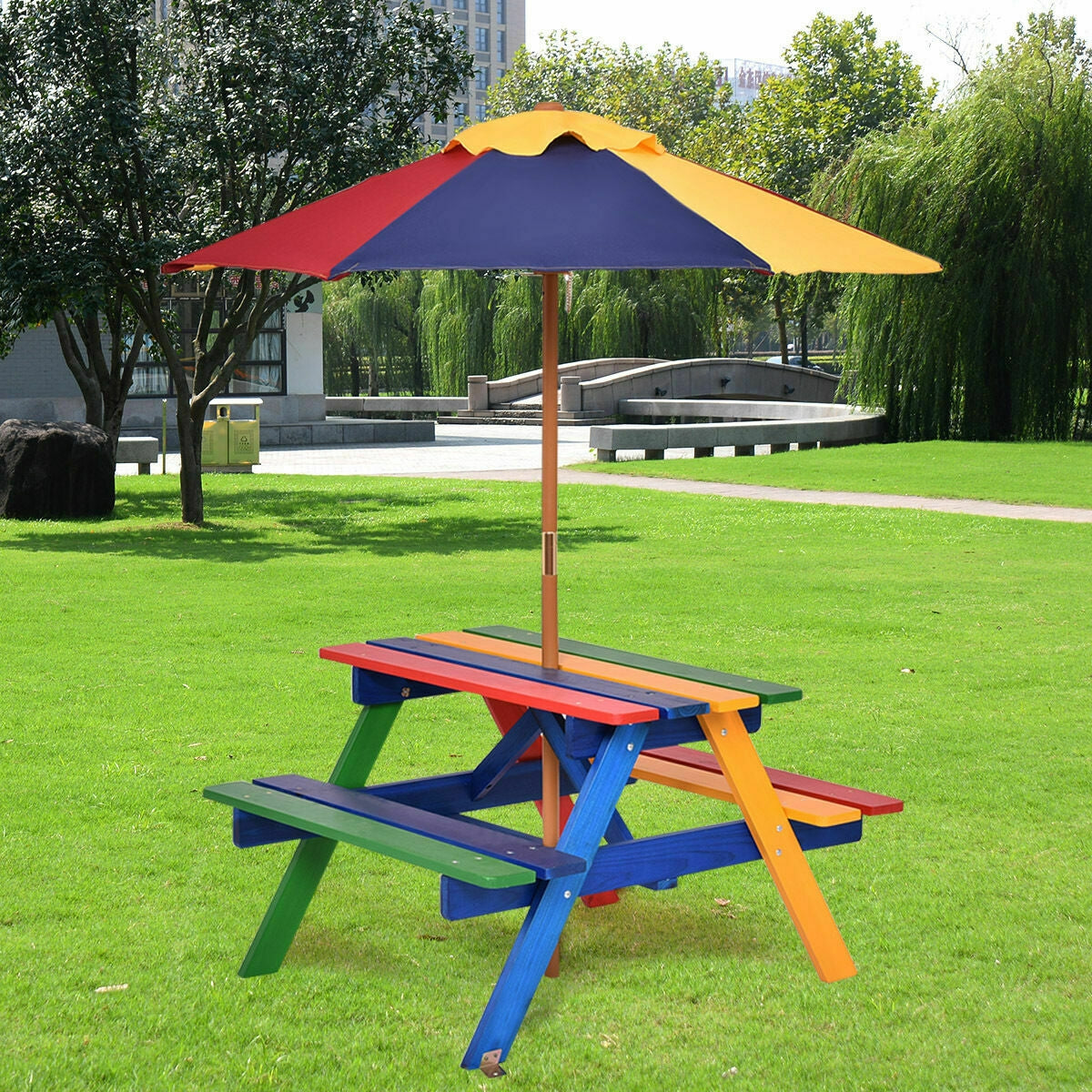 Kids picnic table set with detachable umbrella, multicolor benches and tabletop