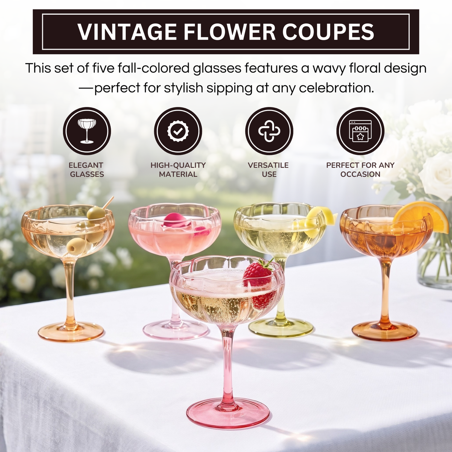 Vintage flower coupe cocktail glasses with wavy floral design, assorted pink, gold, and orange tones