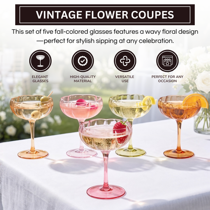 Vintage flower coupe cocktail glasses with wavy floral design, assorted pink, gold, and orange tones