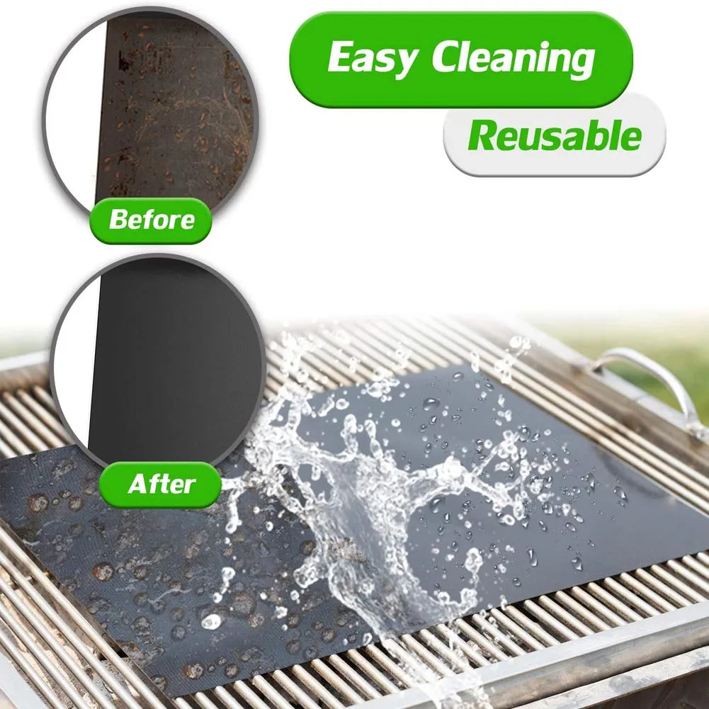 Reusable black BBQ grill mat with before-and-after rinse, water droplets on surface