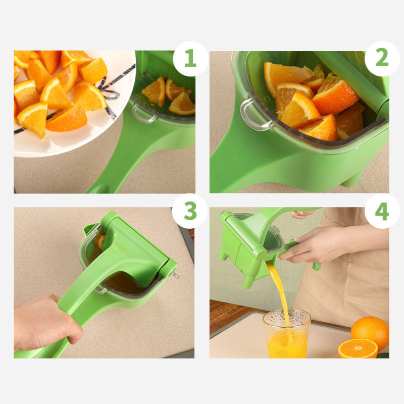 Green citrus juicer shown in steps, with spout dispensing juice