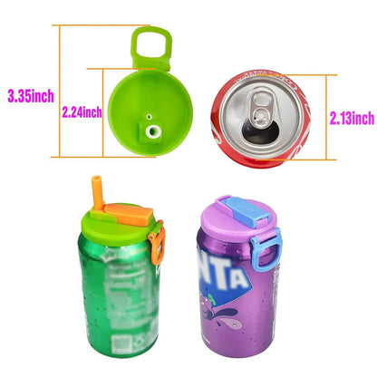 Reusable can cover with silicone straw, size diagram shows green and purple lid heights
