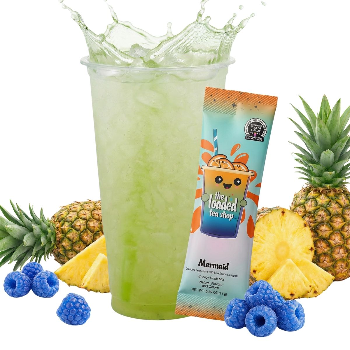Iced green tea drink in tall cup with Mermaid energy mix stick packet.