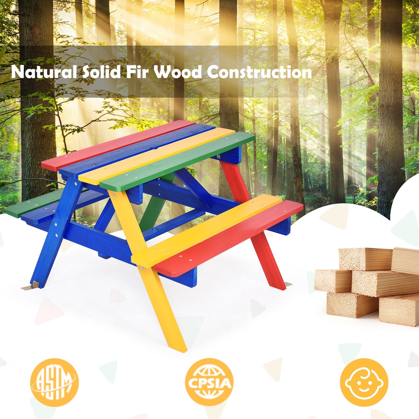 Kids picnic table with multicolor benches and tabletop, fir-wood frame