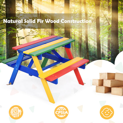 Kids picnic table with multicolor benches and tabletop, fir-wood frame