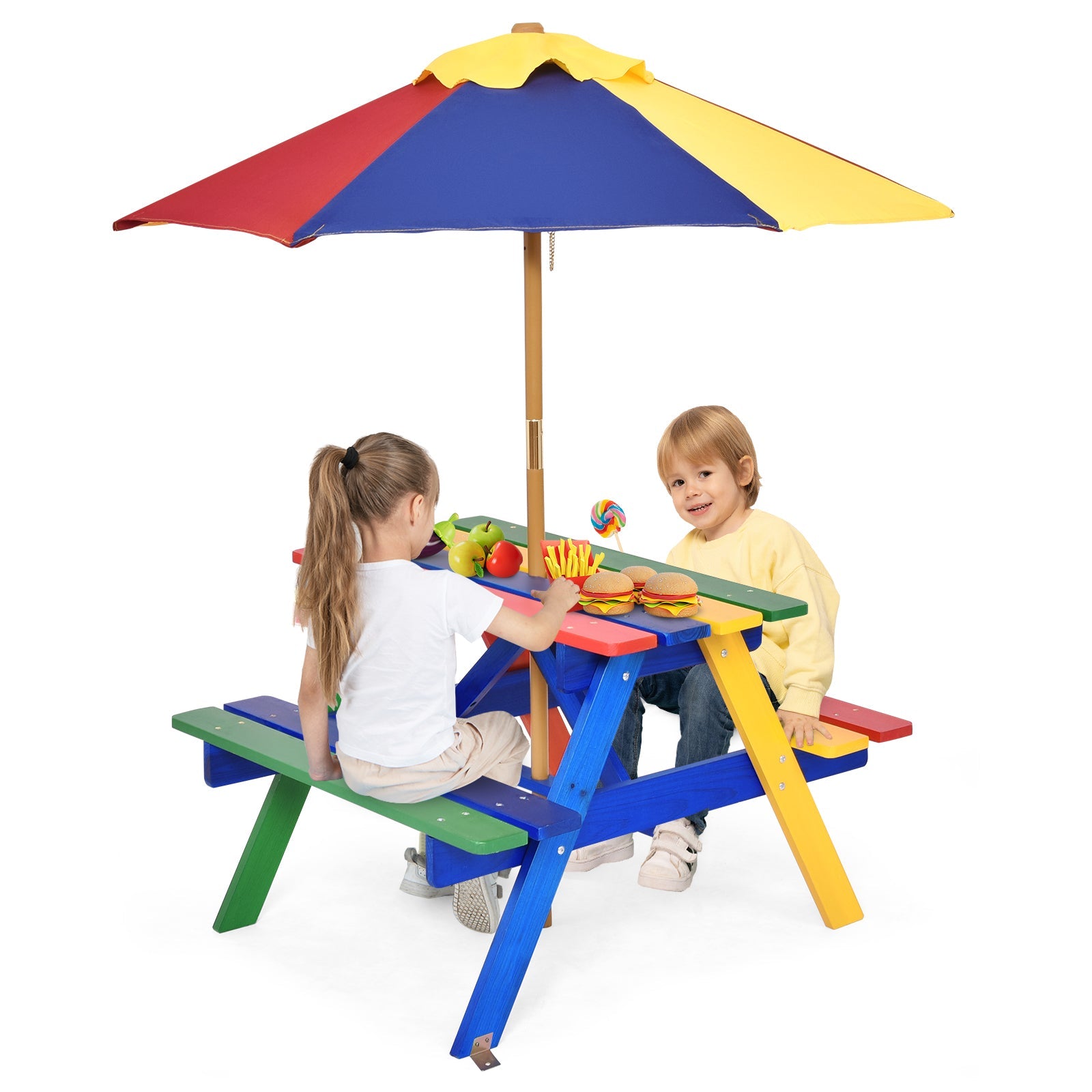 Kids picnic table with detachable umbrella and two children seated at the table