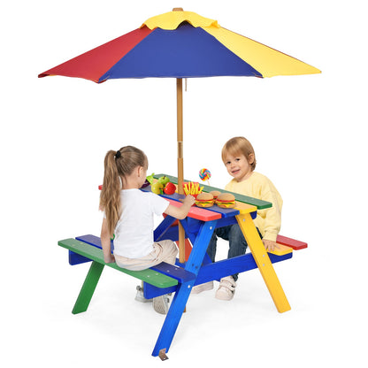 Kids picnic table with detachable umbrella and two children seated at the table