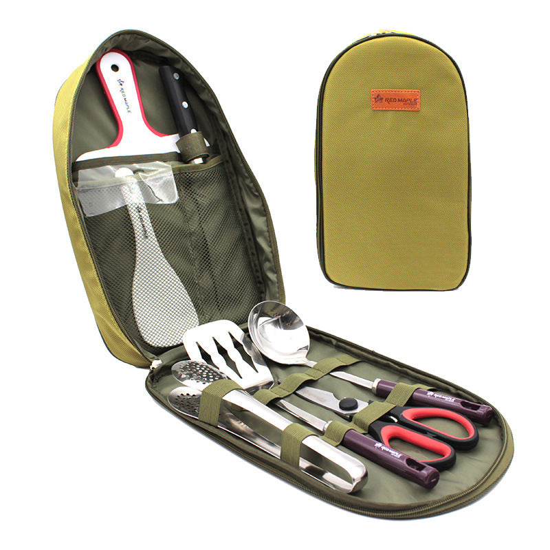 Outdoor BBQ tool set in olive green zippered case with red-handled scissors and utensils