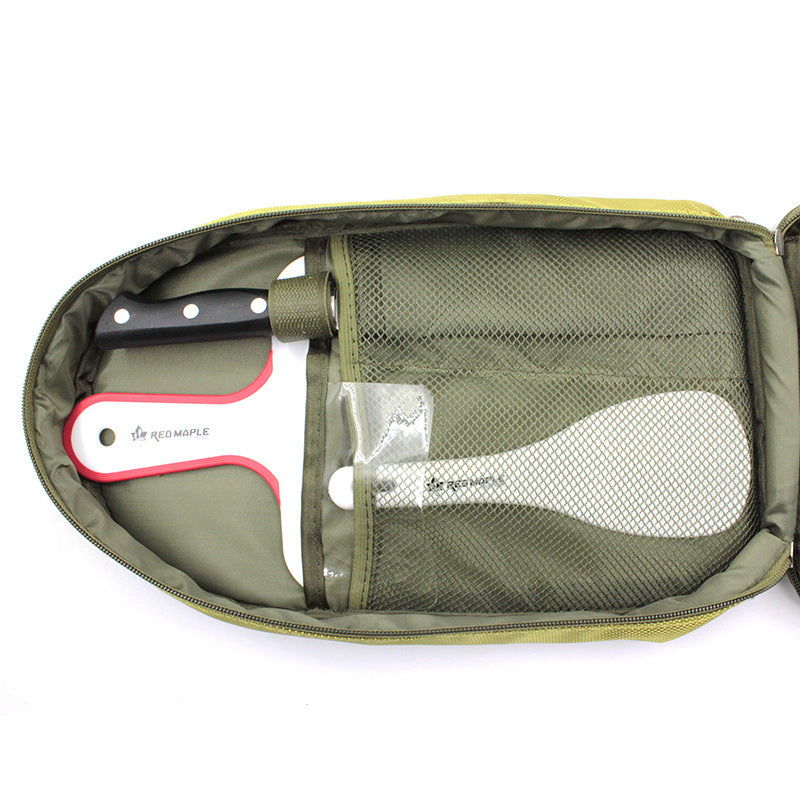 Outdoor BBQ tool set in olive green zippered case with mesh pocket and metal utensils