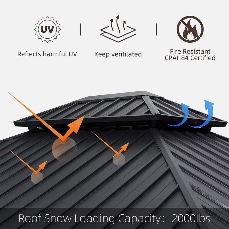 Hardtop gazebo roof with dark gray corrugated panels and snow-load support design