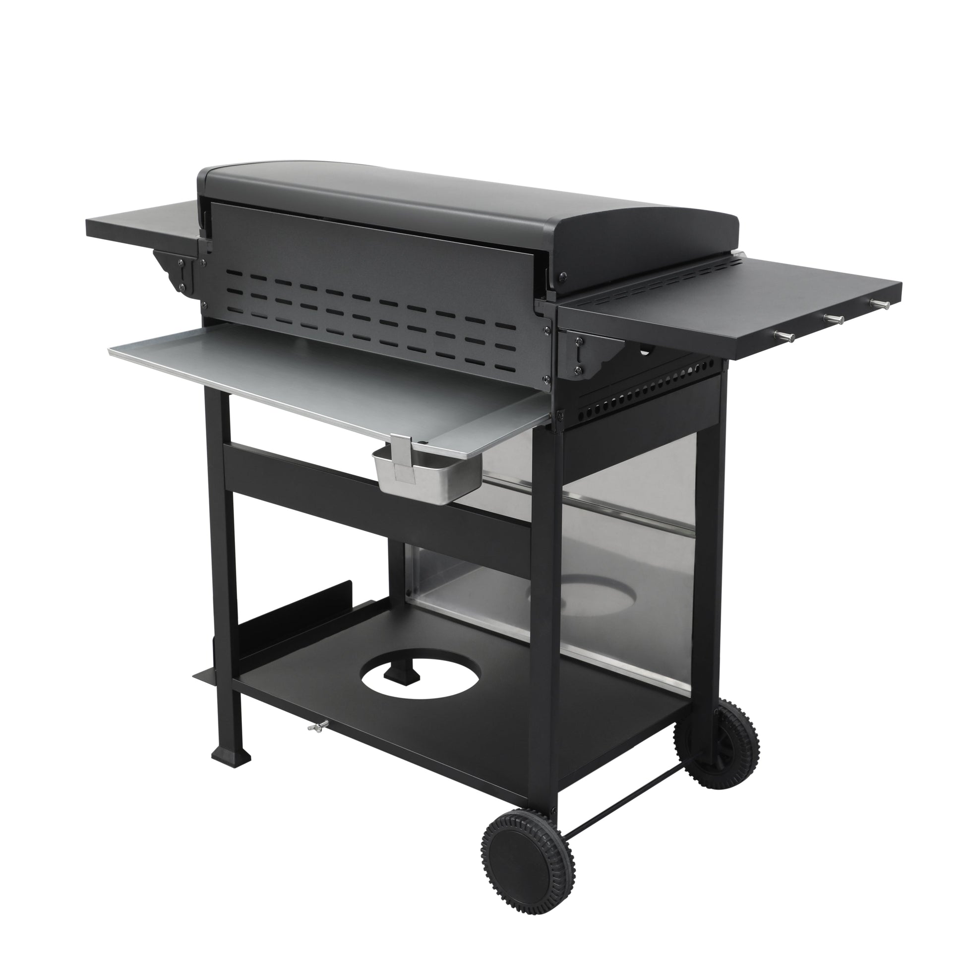 Propane gas BBQ grill with plancha, open cabinet, and side shelf with grease tray