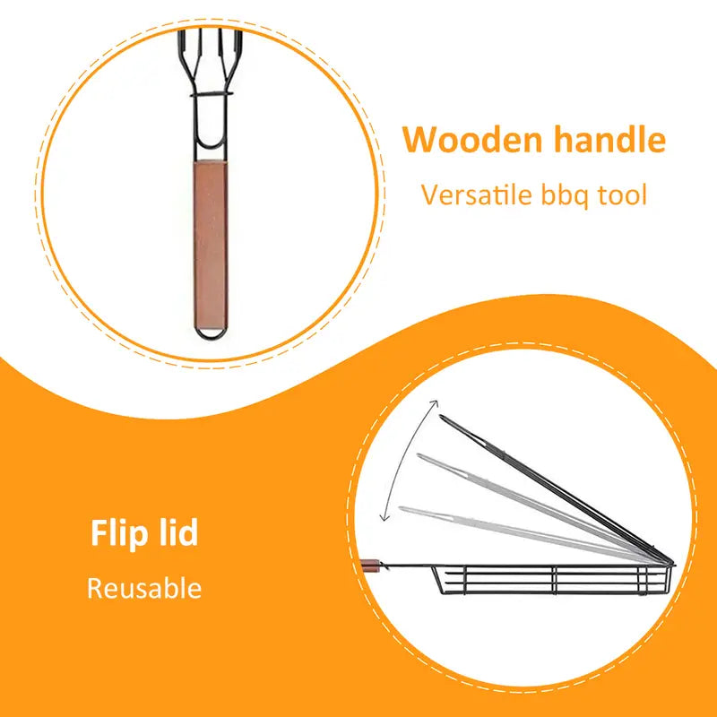 BBQ grilling basket tool with wooden handle and hinged flip lid