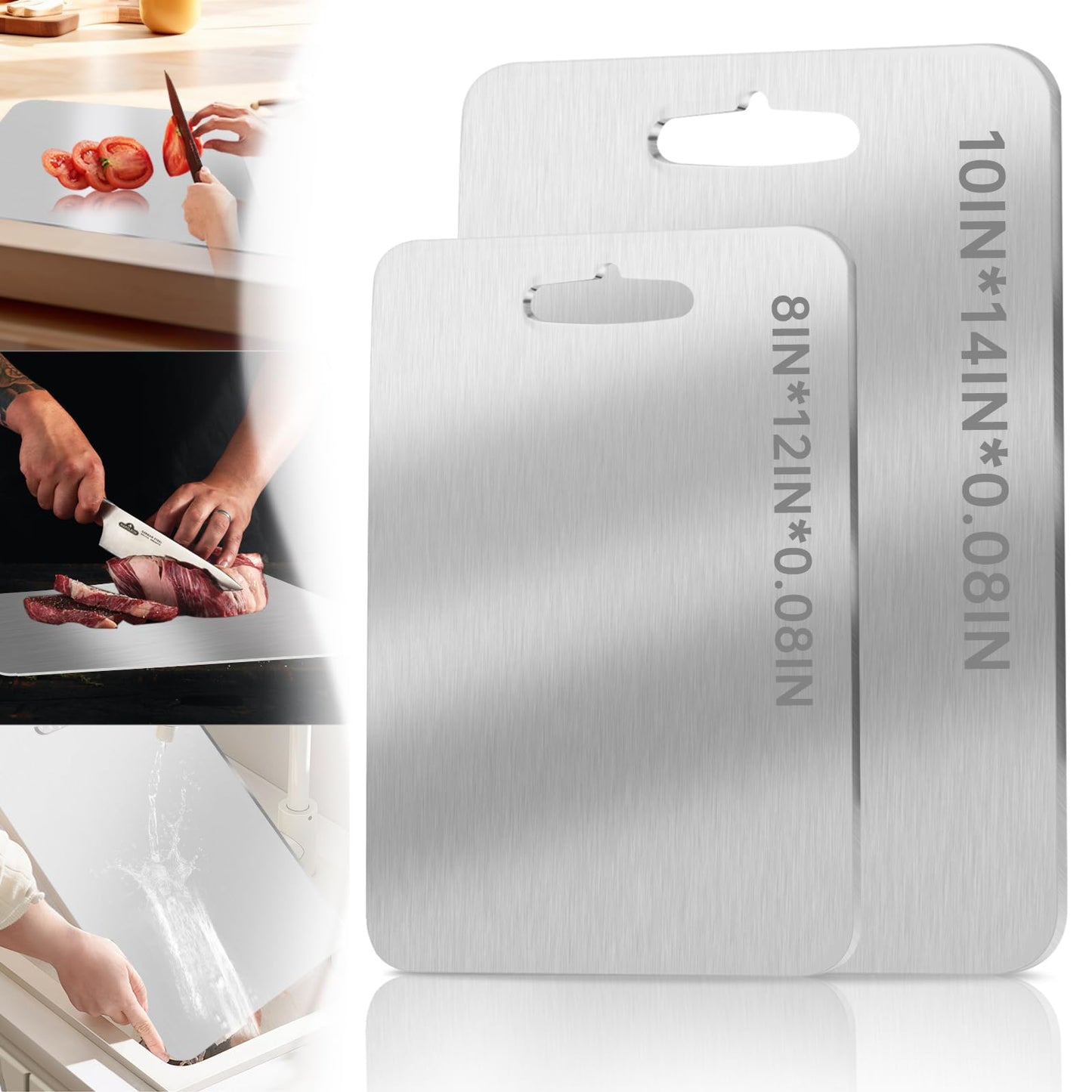 Brushed silver metal cutting boards, dual-sided set shown in packaging