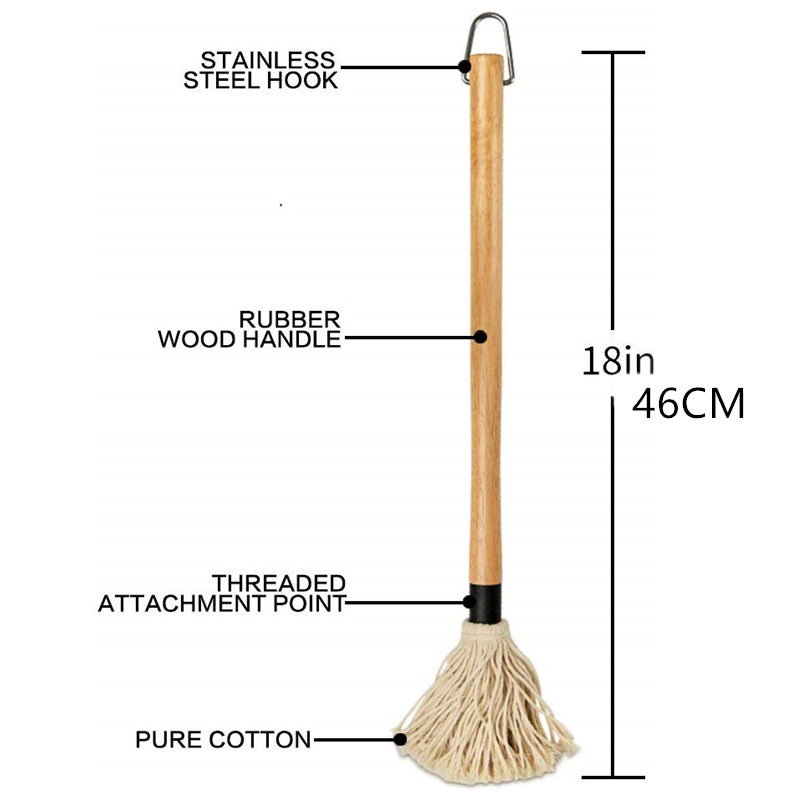 Grilling mop brush with stainless steel hook, rubber wood handle, and cotton head