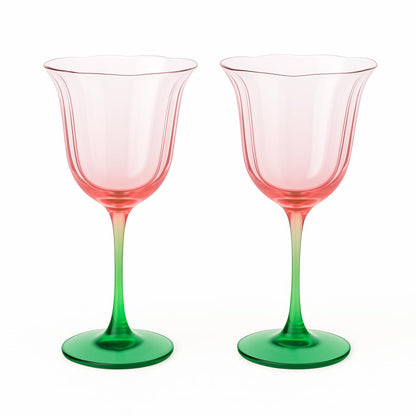 Khen Blossom Pink Tulip Wine Glasses Set of 2, Hand Blown Colored Crystal