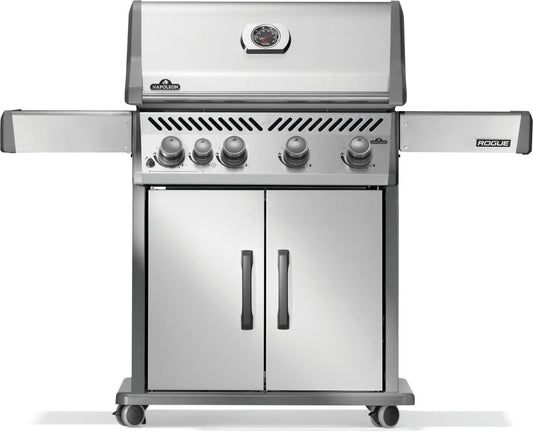 Stainless steel propane grill with control knobs and open cabinet doors, 5 burners