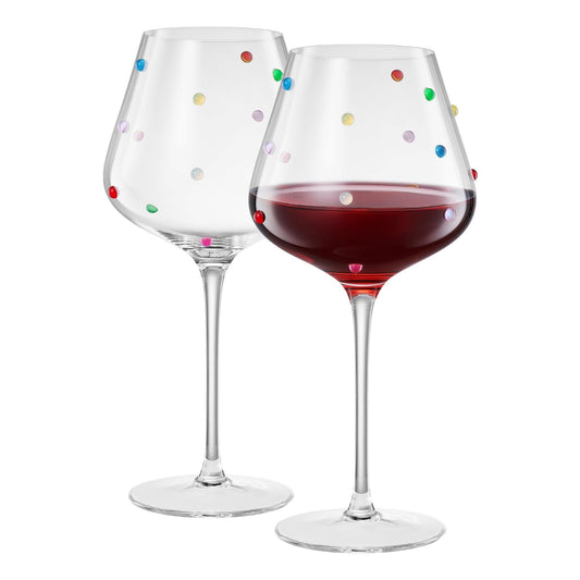 Two clear stemmed wine glasses with raised multicolor confetti dots
