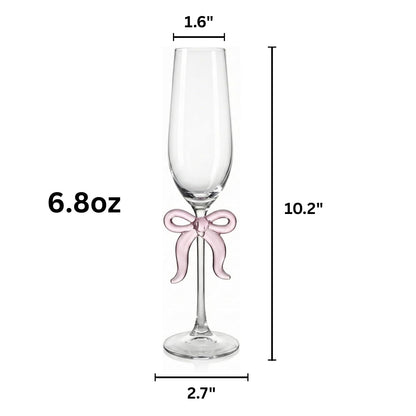 Clear Champagne Glass with Pink Bow on Stem, Set of 2
