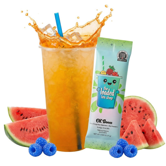 Iced tea cup with blue straw and Ok Boom loaded tea packet, with watermelon slices