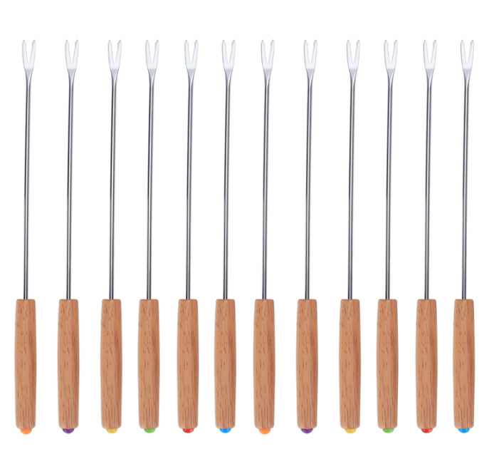 Stainless steel grill skewers with wooden grips and fork ends, set of 12.