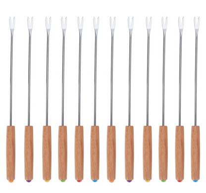 Stainless steel grill skewers with wooden grips and fork ends, set of 12.