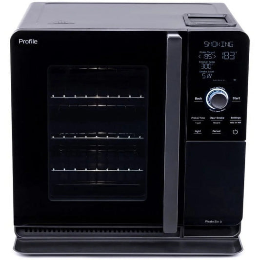 Black pellet wood smoker with glass door and digital control panel