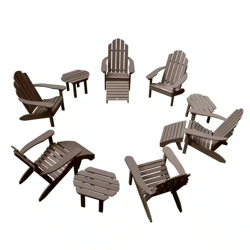 12-piece outdoor seating set with acorn Adirondack chairs and slatted side tables on white background.
