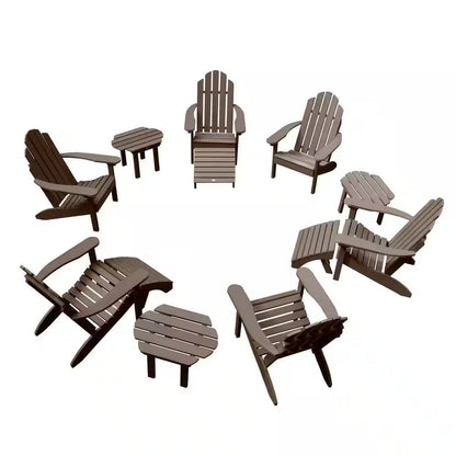 12-piece outdoor seating set with acorn Adirondack chairs and slatted side tables on white background.