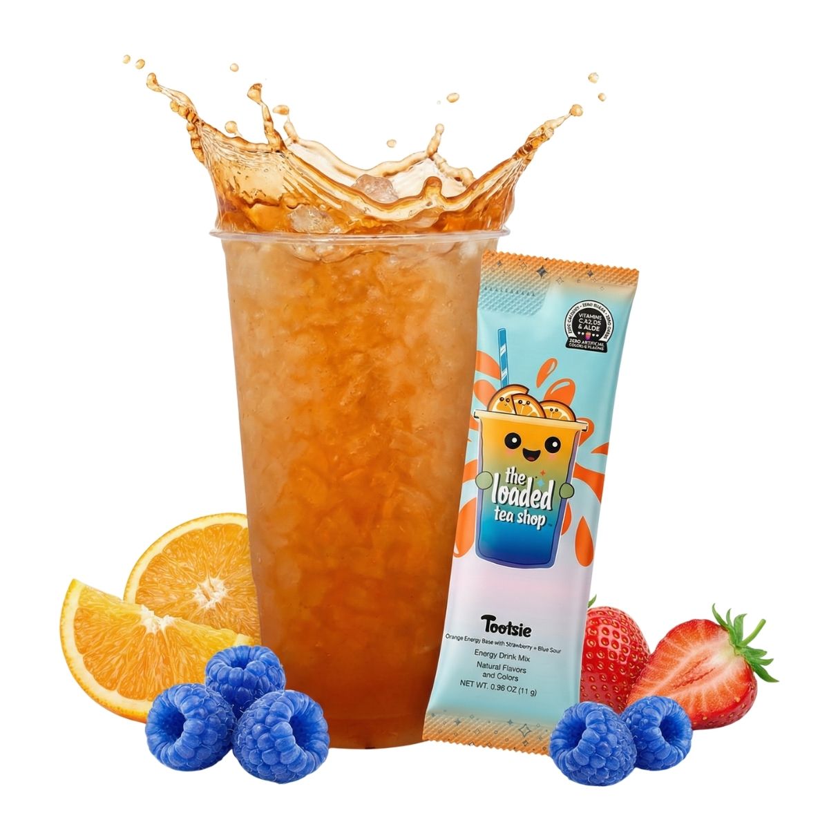 Loaded tea drink in clear cup with tea mix stick and blueberries, strawberries, citrus
