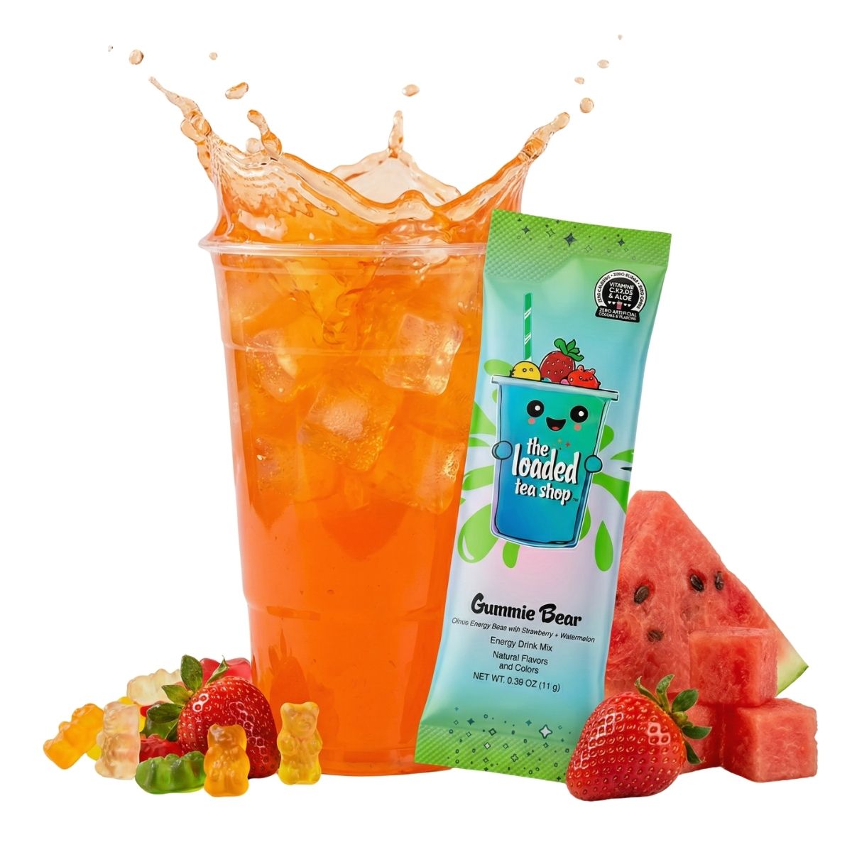Loaded tea shop energy drink with orange iced tea cup and green flavor stick packet