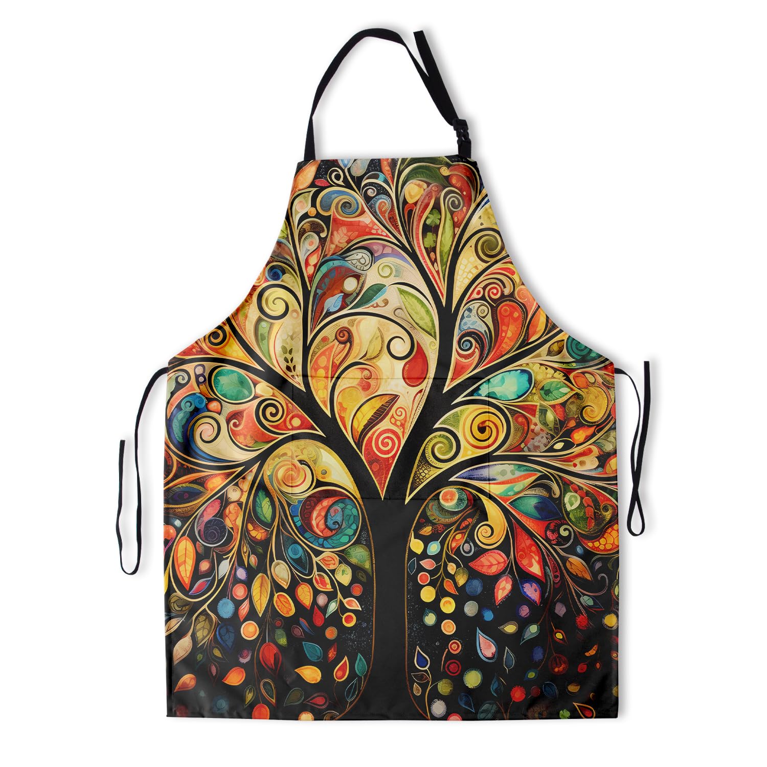 Colorful tree painting apron with adjustable neck strap and waist ties, front pocket.
