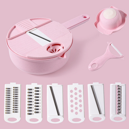 Pink salad chopper bowl with grater insert and handle peeler