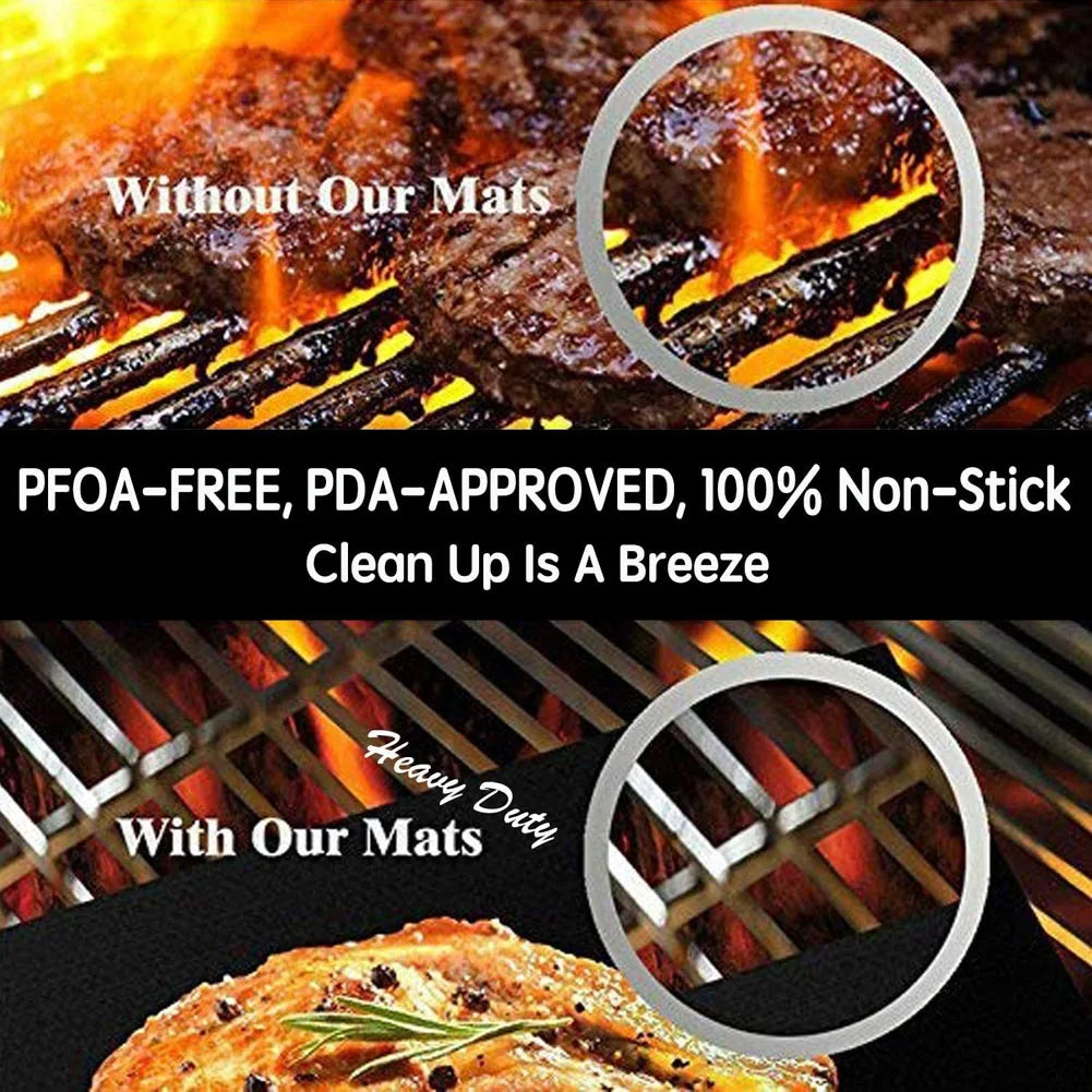 Black non-stick grill mat on grates with grilled food, textured surface on top