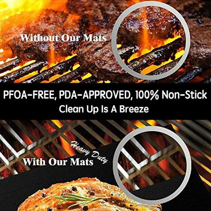 Black non-stick grill mat on grates with grilled food, textured surface on top