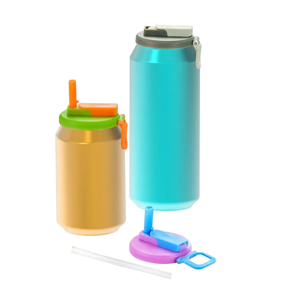 Reusable can lids with silicone straw, teal and tan covers with color-matched straw set