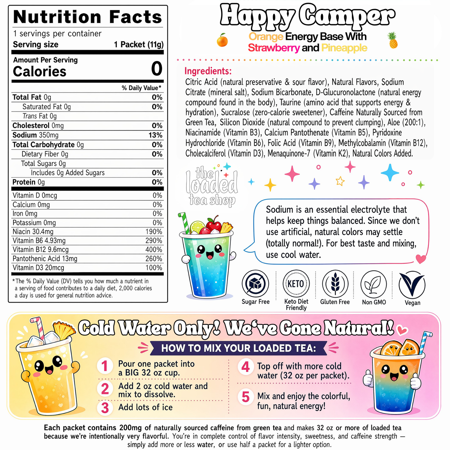 Happy Camper loaded tea nutrition facts label with ingredients and mixing instructions.