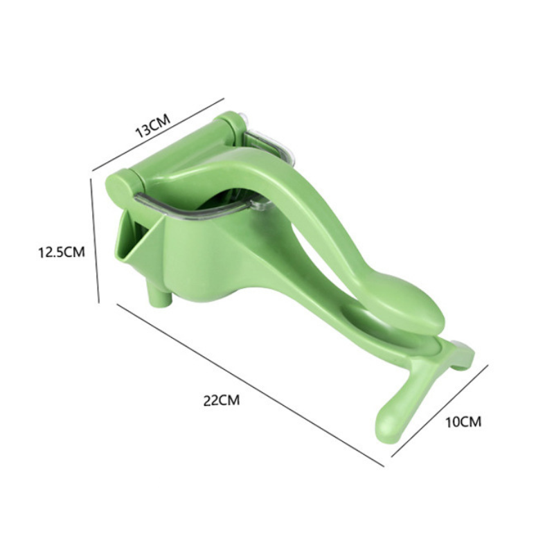 Green hand citrus juicer with size dimensions and angled lever spout