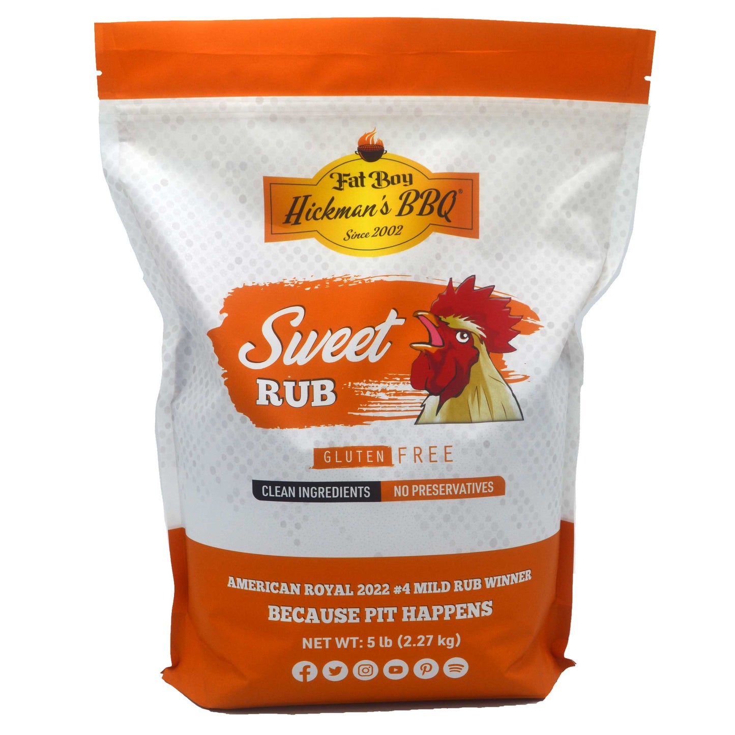Sweet BBQ rub, gluten free 5 lb bulk seasoning bag front with orange top