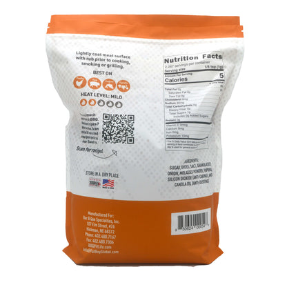 Sweet BBQ rub bag back with Nutrition Facts and ingredients list
