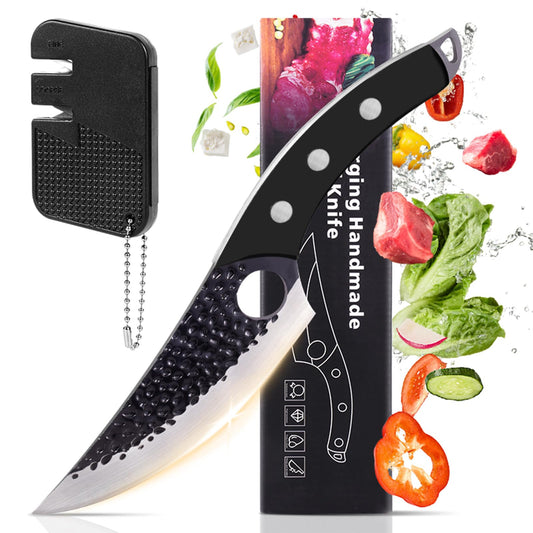 11-inch chef knife with black handle and silver blade, textured grip.