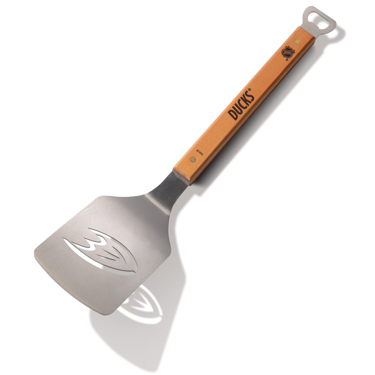Stainless steel grilling spatula with orange handle and Ducks logo, bottle opener top