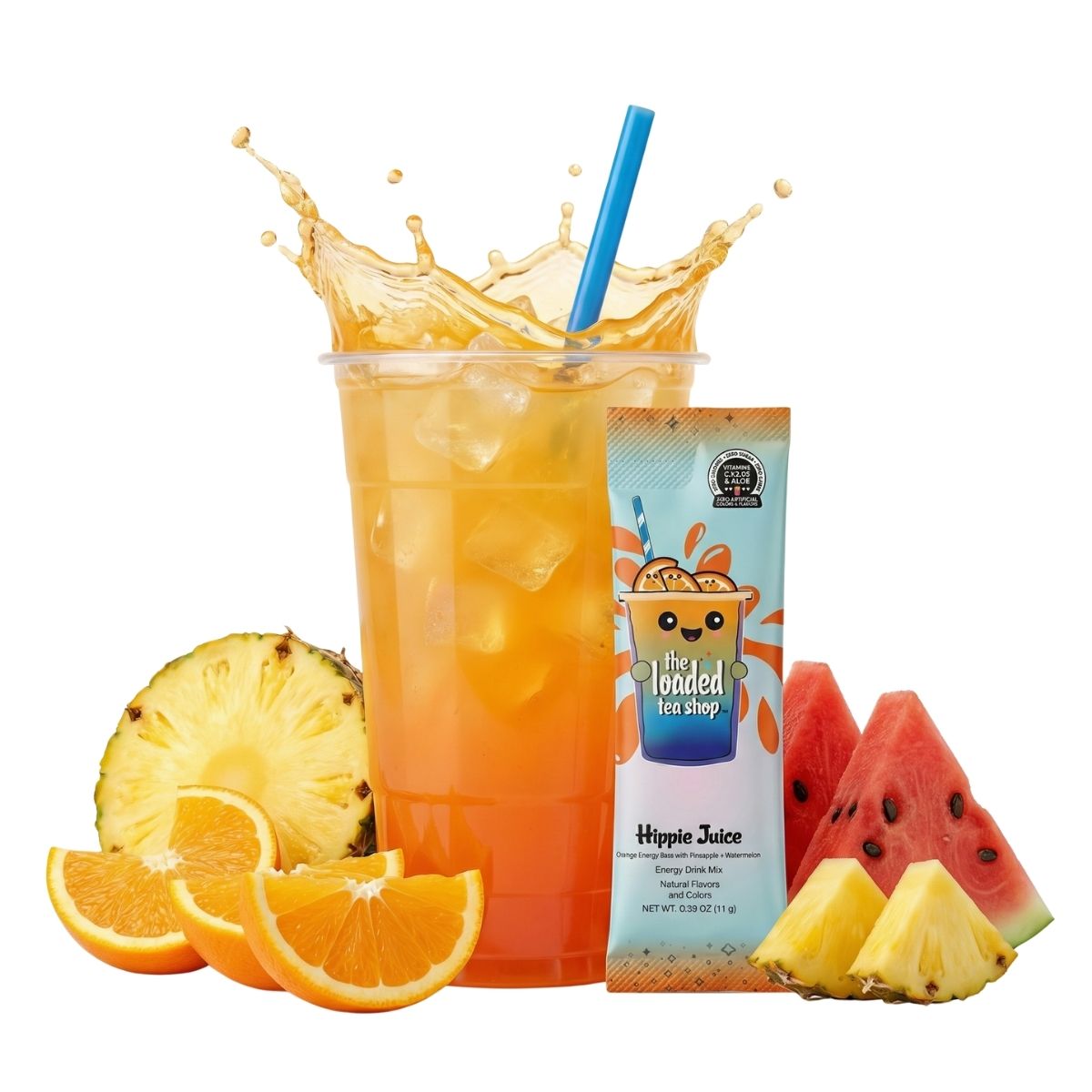 Loaded tea cup with blue straw and orange tea pouch, plus pineapple, watermelon, and citrus fruit