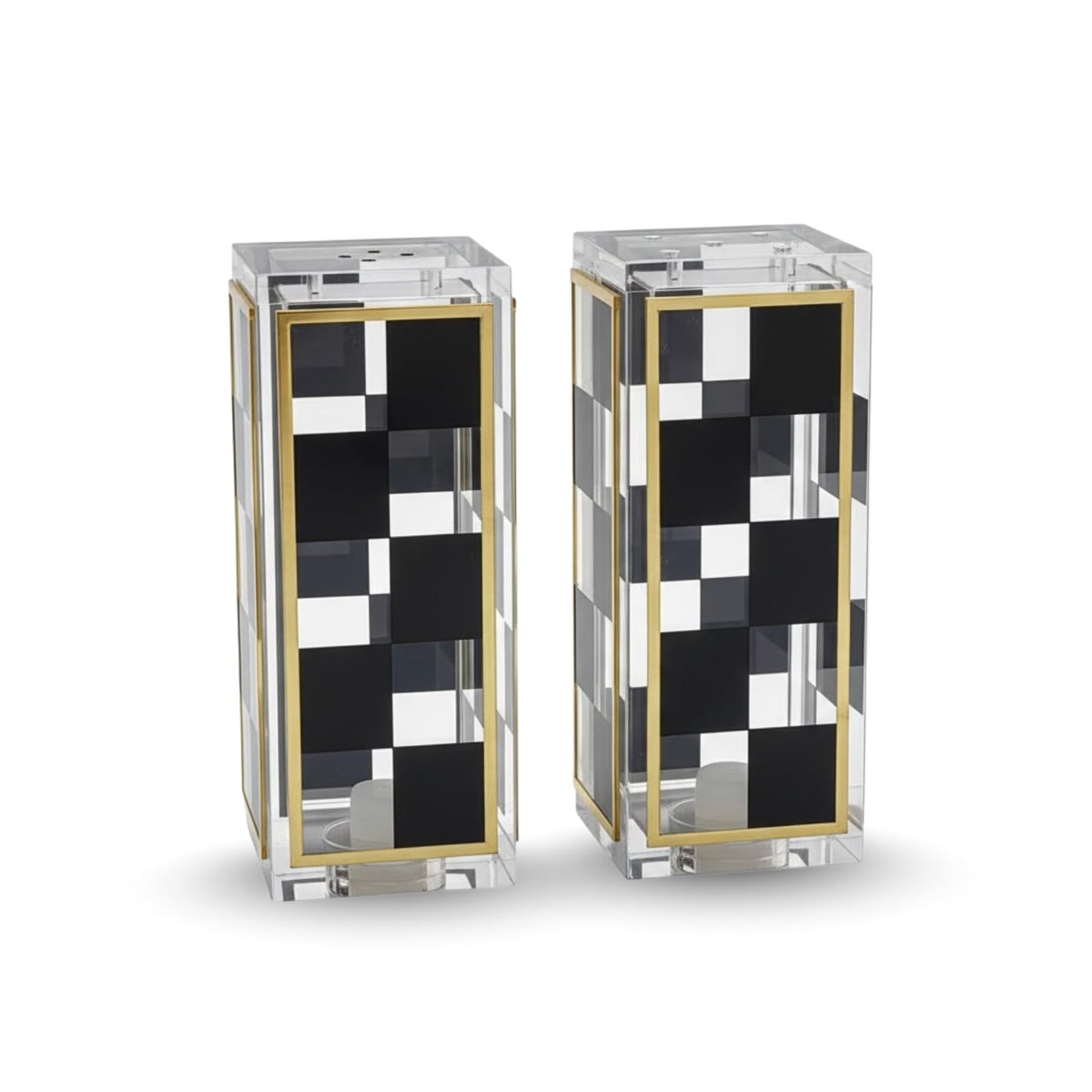 Checkered Salt and Pepper Shakers Set, Black White Square Design with 3 & 5 Holes