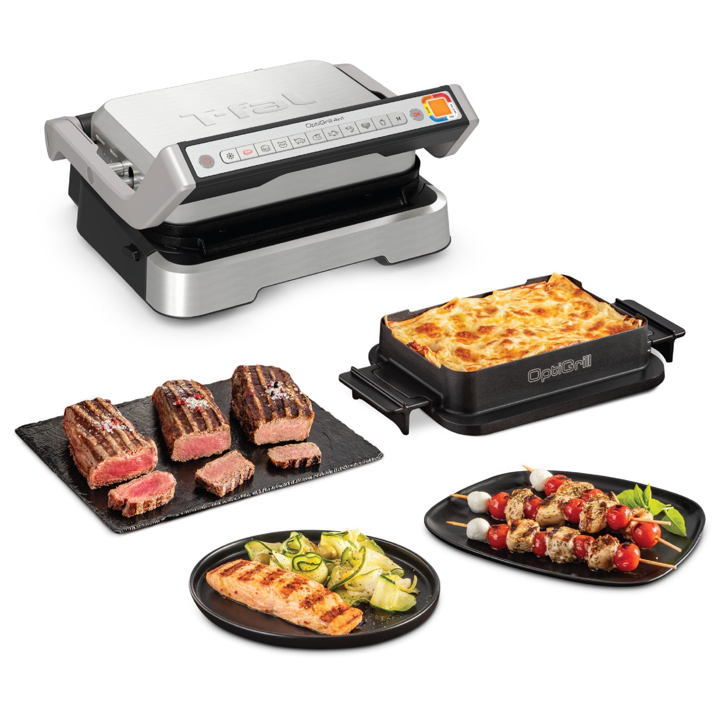 Electric indoor grill with lid and control panel, including grilling plate and accessory tray