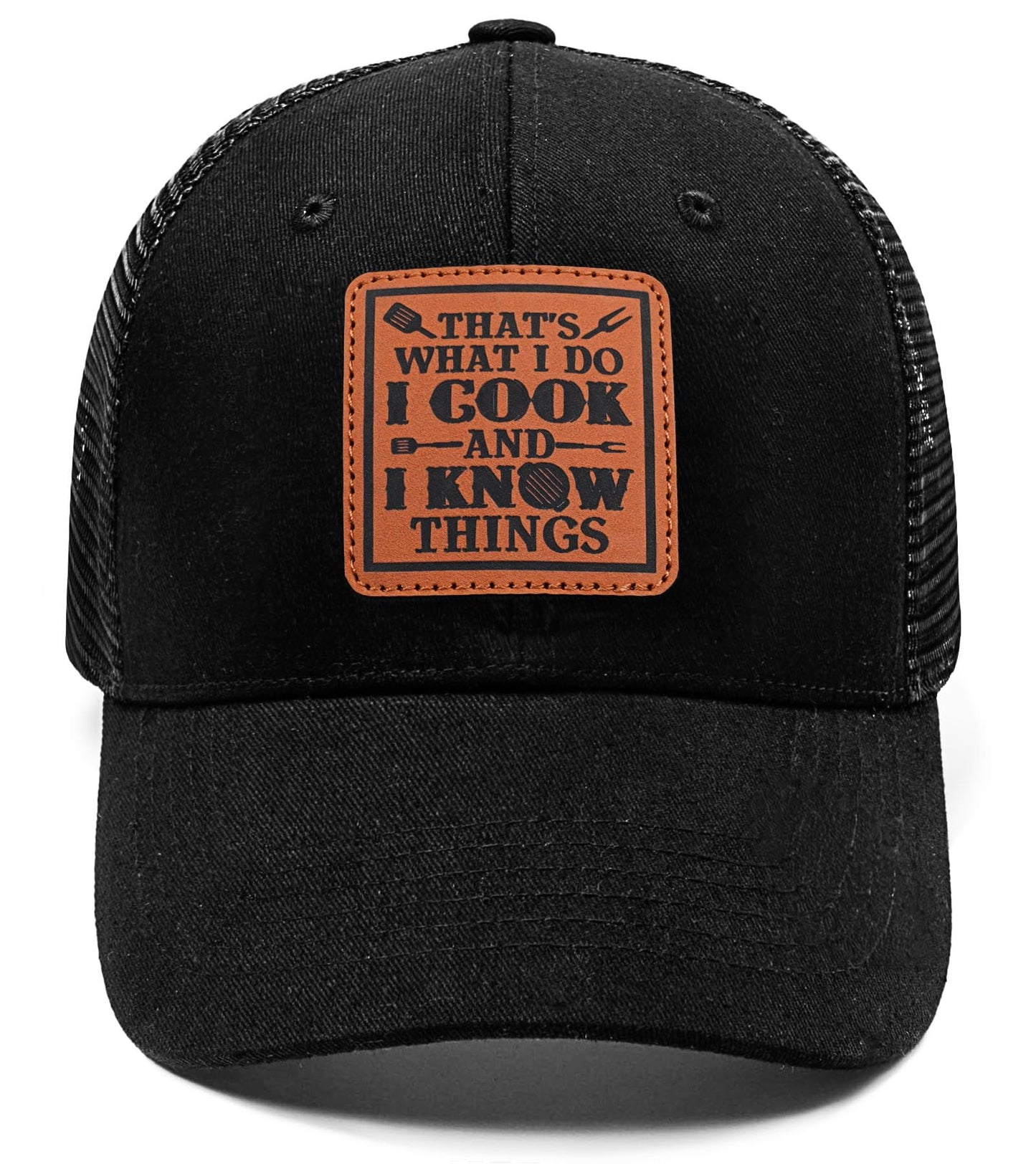 Black trucker cap with front logo patch and distressed text design.