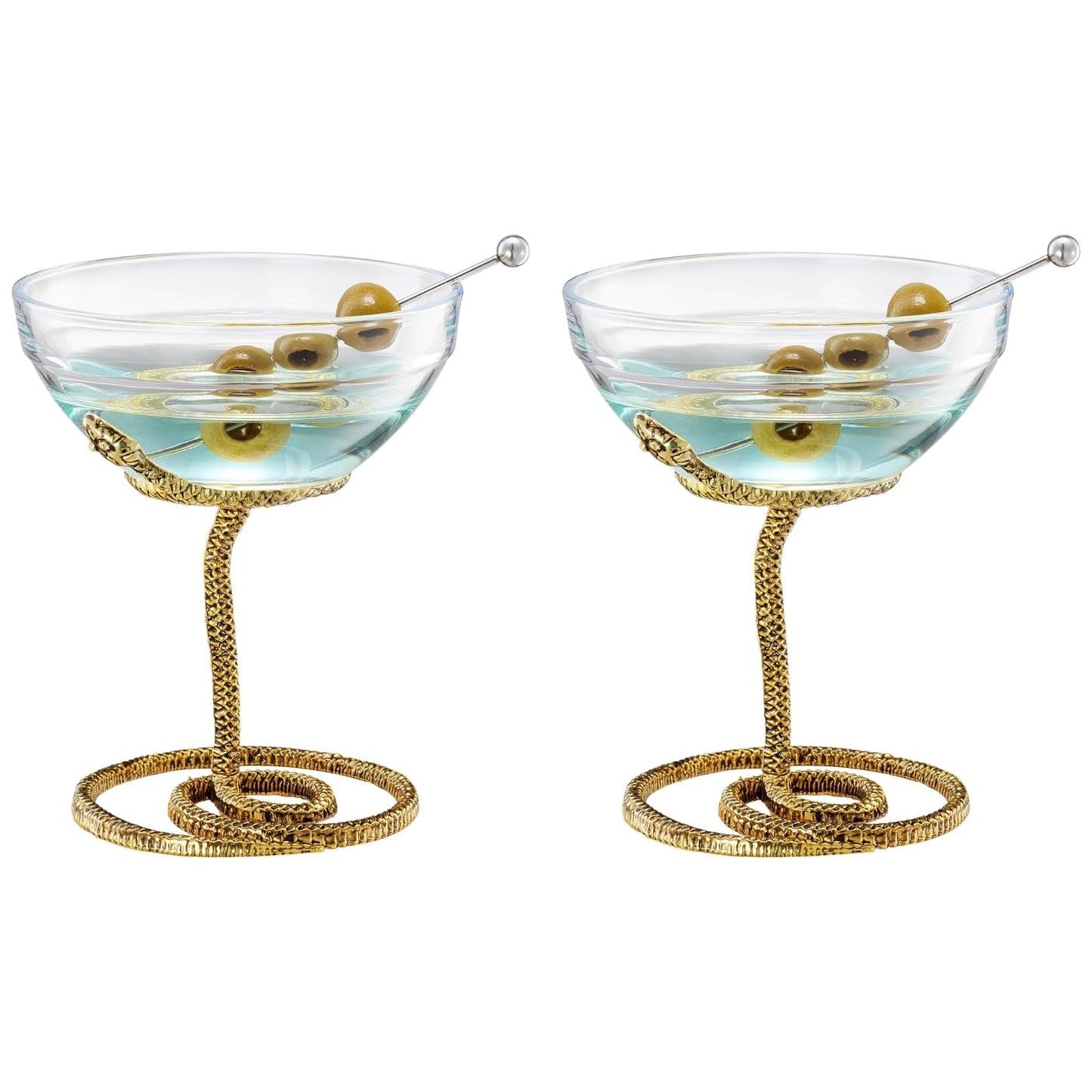 Snake Serpent Cocktail Glasses - 2 Set Gold Design Unique Reptile Inspired Barware