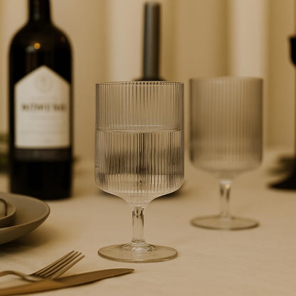 Khen Textured Clear Glass Ribbed Modern Elegant Wine Goblets | Set of 2